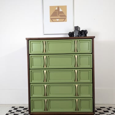 MCM Green Front 5 Drawer Walnut Highboy