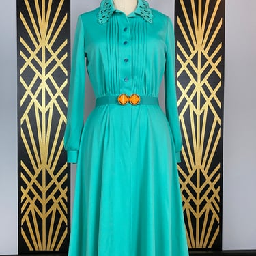 1970s shirtwaist dress, aqua polyester, vintage 70s dress, montgomery ward, size medium, embroidered, full skirt, long sleeve, pin tucked 