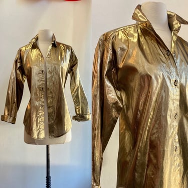 Vintage 80s Gold Blouse / METALLIC Lame / Metal Content / Liquid Gold + Clear Gold Buttons / Notorious 