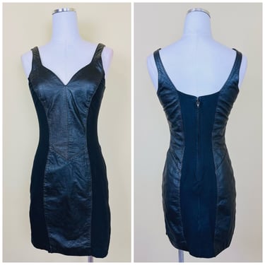 1990s Vintage Chia Leather Panel Body Con Dress / 90s Cotton / Spandex Black Rocker Mini Dress / Size Large 