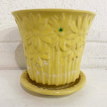 Vintage McCoy Style Butter Yellow Floral Planter Sunshine Attached Saucer Mid-Century Pottery Pot 1950s 50s 