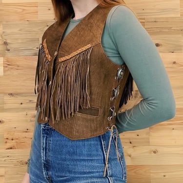 Vintage Brown Leather Fringe Western Vest with Lace Up Side Concho Details 