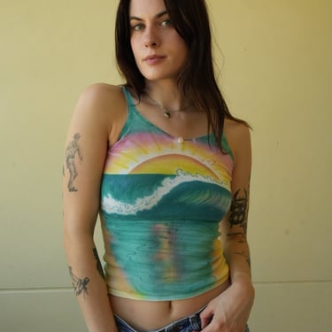 1970's Tank Top with Air Brushed Beach Scene / Sunset Print / Tourist Tshirt / Soft and Comfy / Sleeveless Top Seventies 