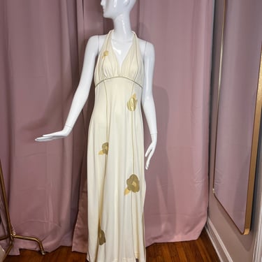 Vintage Frederick’s of Hollywood Cream Gold Halter Maxi Dress 
