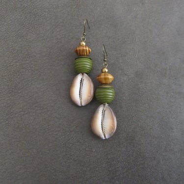 Cowrie shell earrings, army khaki green earrings, Afrocentric earrings, African tribal earrings, bold statement earrings, chunky earrings 