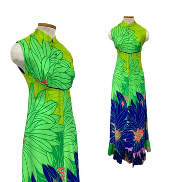 Vtg 60s 1960s Waltah Clarke's for Honolulu Hawaiian Dayglo Era Green Maxi Dress 