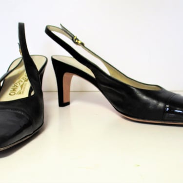 Ferragamo Shoes, Vintage 80s, Salvatore Ferragamo, Black Leather Cap Toe Slingbacks, 8B Women 