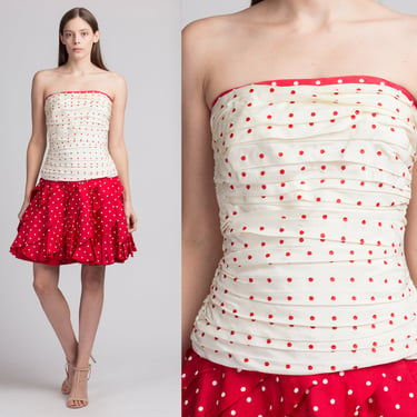 80s Tadashi Polka Dot Party Dress - XS to Small | Vintage Red & White Strapless Fit Flare Mini 