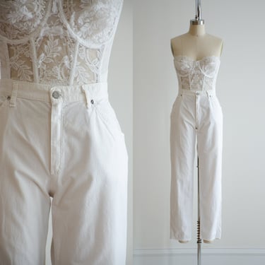 high waisted pants 70s 80s vintage JR Bazaar white cotton straight leg trousers 