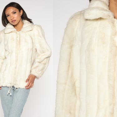 Faux Fur Coat 80s Jordache Furry Jacket Cream Fake Fur Vegan Vintage 1980s Bohemian Zip Up Animal Winter Fuzzy Hipster Boho Medium 