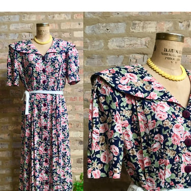 1980's Rose Floral Collared Button Up Dress in Size 16 