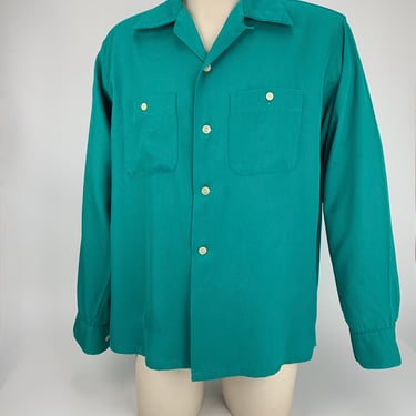 1950'S Gabardine Shirt - PENNEY'S TOWNCRAFT - Aqua Green Rayon - Patch Pockets - Top Stitching Details - Loop Collar - Men's Size Large 