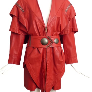 ISSEY MIYAKE- 1980s Red Studded Leather Coat, Size 8