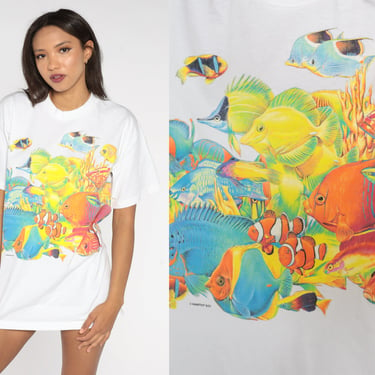 Tropical Fish Shirt White Neon Tshirt 90s Tshirt Vintage Retro T Shirt Tee 1990s Graphic Print Tshirt Large L 