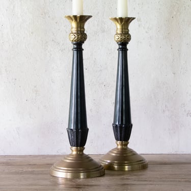 13" Tall Black & Brass Candlesticks, Pair of Vintage Lacquered Brass Candle Holders, Set of 2 Gatco Taper Holders 