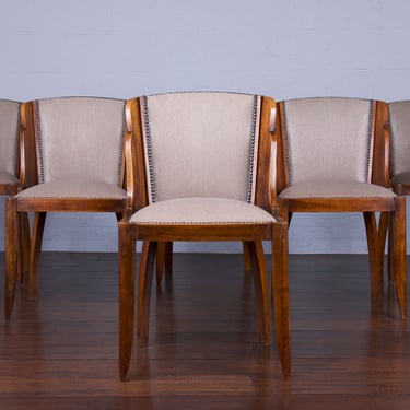 1930s French Art Deco Carved Maple Dining Chairs W/ Gray Fabric - Set of 6 