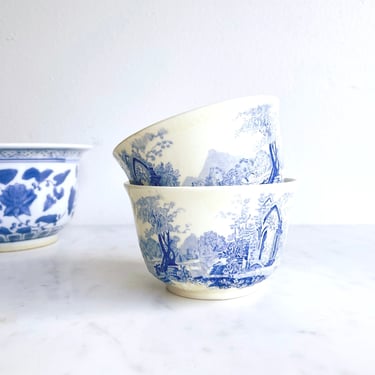 Blue and White Rice Bowl Set of Two Taylor Smith & Taylor English Abbey Fairway Countryside Chinoiserie Transferware Asian Vintage Rice Bowl 