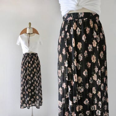 chiffon floral maxi skirt - 32-40 - vintage 90s y2k womens floral long sheer elastic waist cute cottage cottagecore skirt 