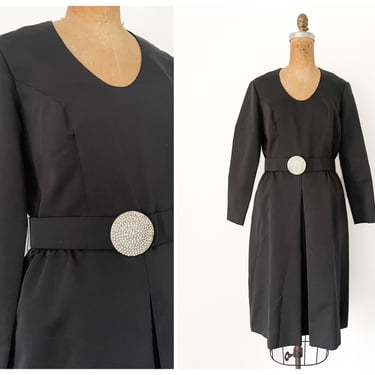 Vintage 1960’s Parues Feinstein black faille cocktail dress / long sleeve, scoop neck, LBD, modest, rhinestone buckle, M 