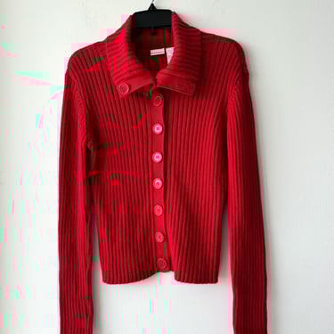 90s Vintage No Boundaries Cardigan Sweater Red Button Ramie Cotton Ribbed Knit Large Christmas Sweater 