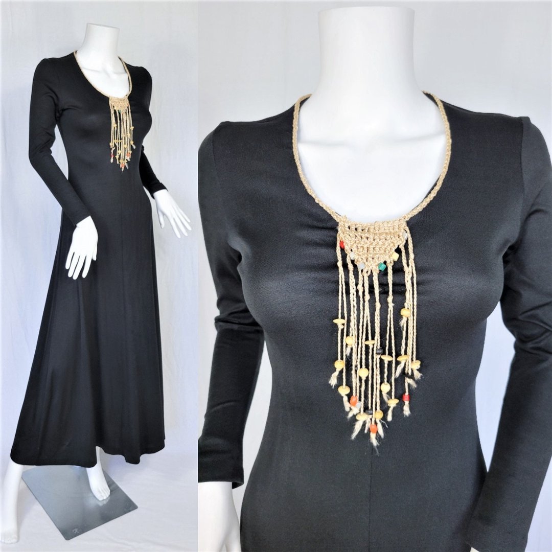 SPIDERWEB ~ HOLY GRAIL RARE 1970S BLACK CROCHET MAXI DRESS