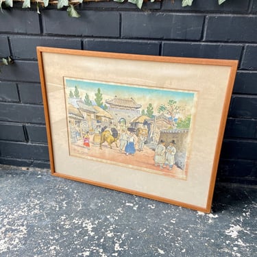 1950s Hiyoshi Mamoru Korean Scene Gate Castle Village Woodblock Print Framed Artwork 