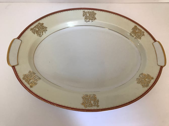 Vintage  oval serving platter "Nobility" pattern by Mikado Japan Gold, red Border and Cream 16" X 11 1/2" 