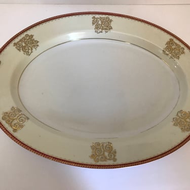 Vintage  oval serving platter "Nobility" pattern by Mikado Japan Gold, red Border and Cream 16" X 11 1/2" 