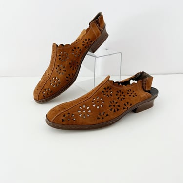 Size 8 / 8.5 Brown Leather Cutout Slingbacks / Geuine Leather Shoes Size 8 / Caramel Brown Heels by Rieker Antistress 
