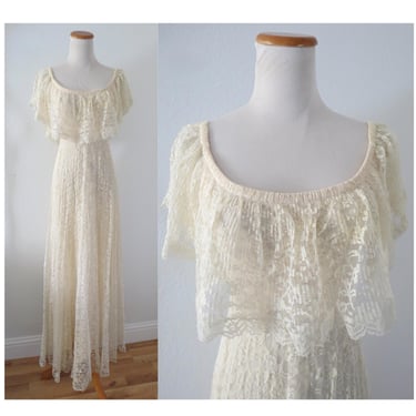 Vintage 70s Wedding Dress - 1970s Cream Lace Off the Shoulder Maxi Length Gown - Boho Hippie - Size XS 