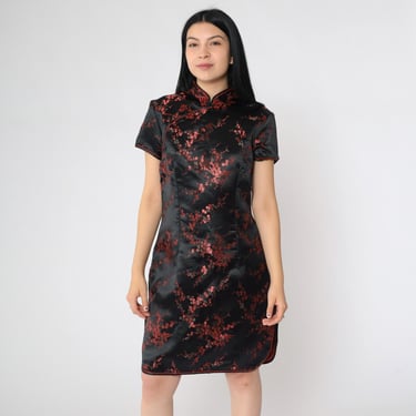 Vintage Black Satin Cheongsam Dress Red Floral Jacquard Traditional Qipao Mini Short Sleeve 1990s Chinese Asian Style Medium 38 