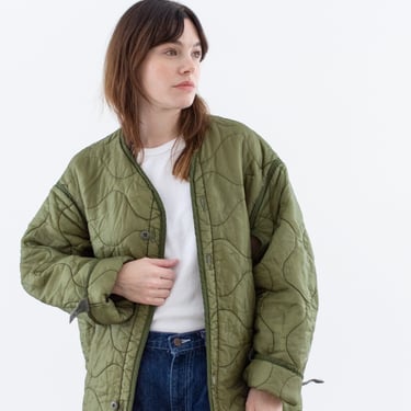 Vintage Green Liner Jacket | Unisex Wavy Quilted Nylon Coat | XL | LI242 