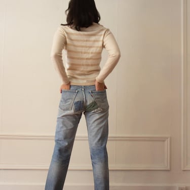 1980s Levi's 505 Orange Tab Patched and Perfectly Whiskered Denim 