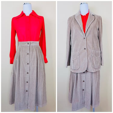 1970s Vintage Jack Winter Corduroy Blazer and Skirt Set / 70s / Seventies Tan Cotton Cord Suit / Size Medium 