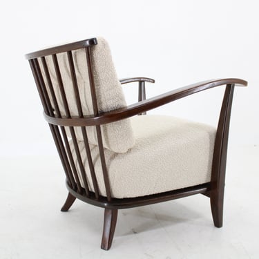 1950s Restored Beech Armchair in Boucle Fabric ,Czechoslovakia / White colour / vintage Armchair / Mid-century / 