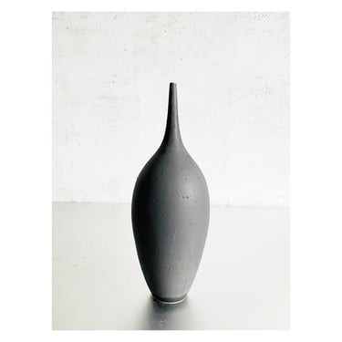 SHIPS NOW-  One Ceramic Stoneware Bottle Vase in Moody Black Matte Glaze with subtle cratering. 