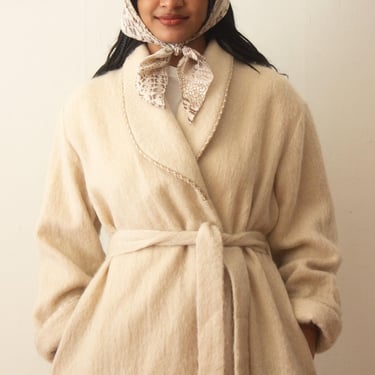 1990s does 1950s Saks Fifth Avenue Buttercream Mohair Wrap Coat 