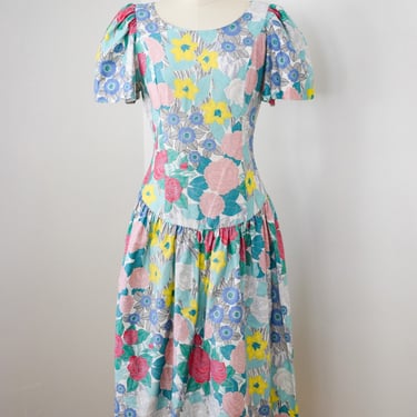Vintage Belle France Floral Print Dress | M | 1980s/1990s Cotton Dress with Butterfly Sleeves and Dropped Waist | Jane Schaffhausen 