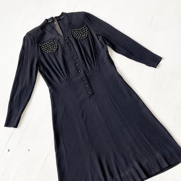 1940s Studded Black Rayon Crepe Dress 