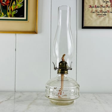 Vintage Sommerset Oil Lamp, Art Deco pressed glass, diamond point, circular ribs, brass, for farmhouse, cottage decor, collectible, gift 