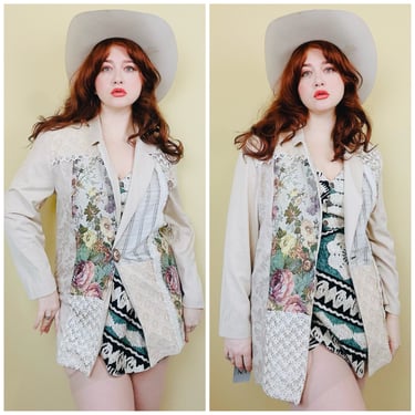 1980s Vintage Facets Deadstock Tapestry Jacket / 80s Patchwork Lace Rayon Blazer / Large 
