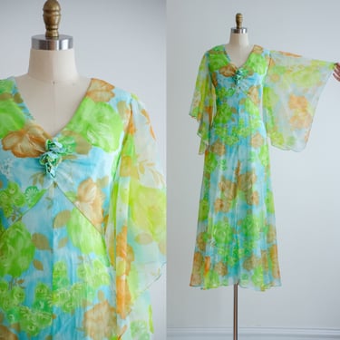 green maxi dress 60s 70s vintage blue orange floral chiffon batwing sleeve gown 