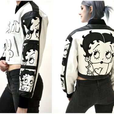 90s Vintage Leather Jacket Betty Boop Small Vintage White Leather Bomber Jacket with Betty Boop Comics Black White By Montana Toons 