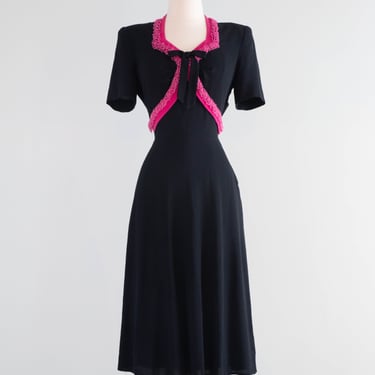 Fabulous 1940's Black Rayon Cocktail Dress With Shocking! Pink Trim / Medium