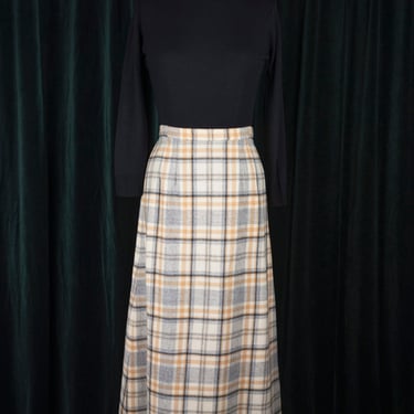 Vintage 1970s Gray / Camel / Cream Plaid A-line Ankle-Length Wool Skirt 