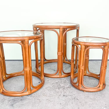 Set of Three Rattan Drum Nesting Tables