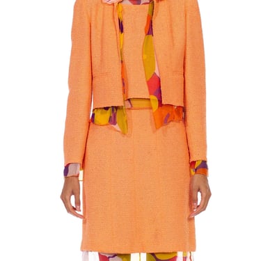 2000S Chanel Orange Boucle  Floral Silk Chiffon 3-Piece Skirt Suit 