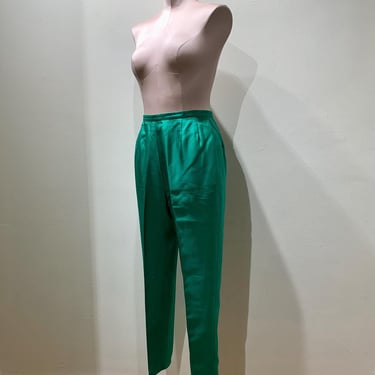 1960's Capri Pants - High Waisted Cigarette Pants - Tapered Leg - Vivid Green Silk - Cotton Lined - Metal Back Zipper - 26-1/2 Inch Waist 