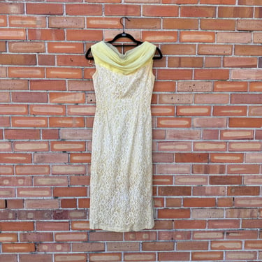 vintage 60s yellow lace overlay chiffon train bridesmaid dress / xs extra small 