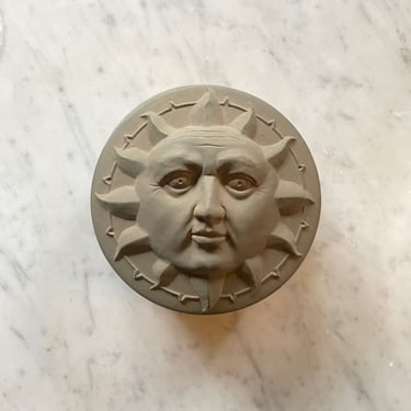 Vintage Sun Face Terracotta Lidded Bowl Dish Jewelry Box 